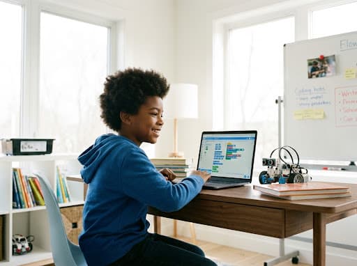 Young boy coding on a laptop