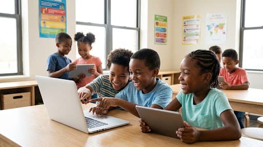 A group of children learning together with laptops and tablets